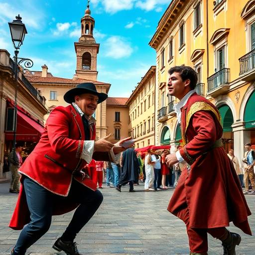 Attori in costume tradizionale della Commedia dell'Arte che si esibiscono in una piazza italiana