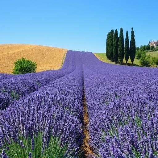 Campo di lavanda in fiore in Toscana con cielo azzurro e cipressi