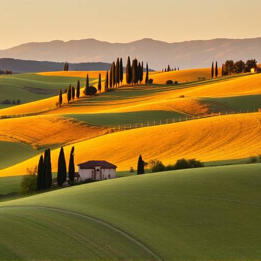 Paesaggio collinare toscano con cipressi e casali