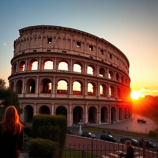 Panorama del Colosseo illuminato al tramonto a Roma