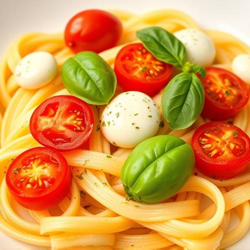 Piatto di pasta fresca con pomodorini, basilico e mozzarella di bufala